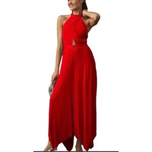 Anthropologie Plisse open back halter ribbed jumpsuit red NEW size 4